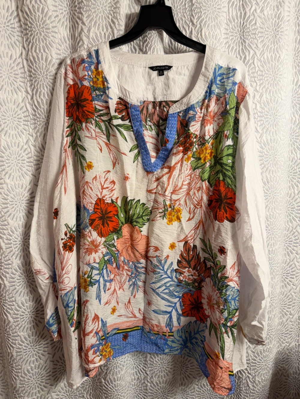 John Mark White Tunic with Multicolor Floral Print and Blue Trim